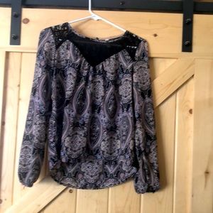 Blouse with pink and light blue paisley.